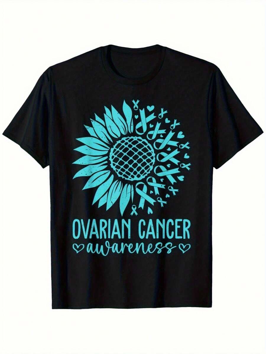 Camiseta de Concienciación sobre el Cáncer de Ovario -  Pesado de 180gsm con Diseño de Lazo Turquesa y Girasol - Camiseta Holgada para Mujeres y Hombres (Tallas S-2XL) - Ropa de Donación para Grupos de Apoyo al CO - Negro - Ver 1