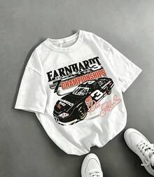 Retro # Racing Car Print T-Shirt 3 NASCARS 7 Championships, Casual Print, Comfortable And Versatile, Washed Pure Cotton Printed T-Shirt, Unisex Style, Summer Clothes, Women's Holiday Clothes, Summer. - 白色 2 - 查看 7
