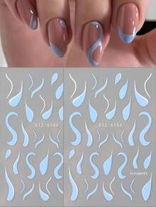 2pcs/Pack 3D Line Nail Art Stickers, Self-Adhesive Nail Decoration, Blue And White Water Ripple Line Pattern, French Line Nail Art Stickers, Suitable For Women Or Nail Salon Use - Multicolor - View 1