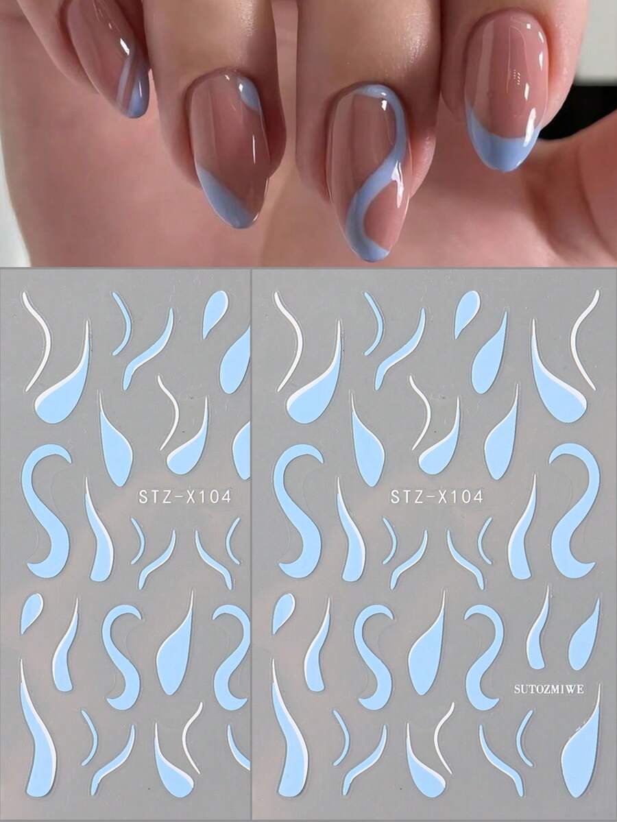 2pcs/Pack 3D Line Nail Art Stickers, Self-Adhesive Nail Decoration, Blue And White Water Ripple Line Pattern, French Line Nail Art Stickers, Suitable For Women Or Nail Salon Use - Multicolor - View 1