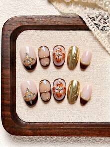 10pcs/Set Handmade Press On Nails Almond, Nude, White, Yellow And Red Color With French Edge, Gel-X False Nails With Floral Embossing And Wavy Patterns, Orange Gradient, And Cat-Eye Fake Nails With Polka Dots And Lines, Suitable For Party, Wedding, Daily Wear, Contain 1Pc Jelly Glue And 1Pc Nail File,Great Gift For Women & Girls - Multicolor - View 3