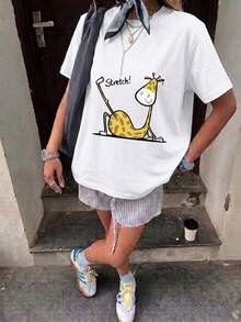 Women's Round Neck Printed Short Sleeve T-Shirt, Casual Loose Fit, Super Soft & Comfortable Fabric, Ins Street Fashion Style, Classic All-match Graphic Tee, Breathable Lightweight Daily Basic Top, Perfect for Daily Wear, Casual Vacation, Office Commute, Outdoor Going Out, Weekend Gathering, Shopping and Leisure Activities, Ladies Trendy Oversized Casual Pullover T-Shirt - Blanco - Ver 2