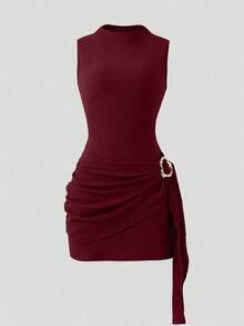 Nuevo vestido elegante y sexy de primavera/verano para citas, de cuello alto, con hebilla metálica, fruncido y sin mangas, de silueta ajustada para mujer - Burdeos - Ver 1