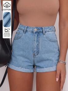 Pantalones cortos de tiro alto con botones: Hechos de tela duradera y sin estiramiento, con detalles desgastados, creando una silueta única, veraniega y de vanguardia. - Lavado ligero - Ver 1