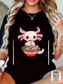 Camiseta de Anime con Diseño de Axolotl para Mujer y Unisex - Camiseta de Manga Corta con Cuello Redondo y Estampado RAWomen Noodle, Lavable aáquina, Corte Regular, Color Negro, Adecuada para el Gimnasio y Uso Casual Diario. - Negro - Ver 1