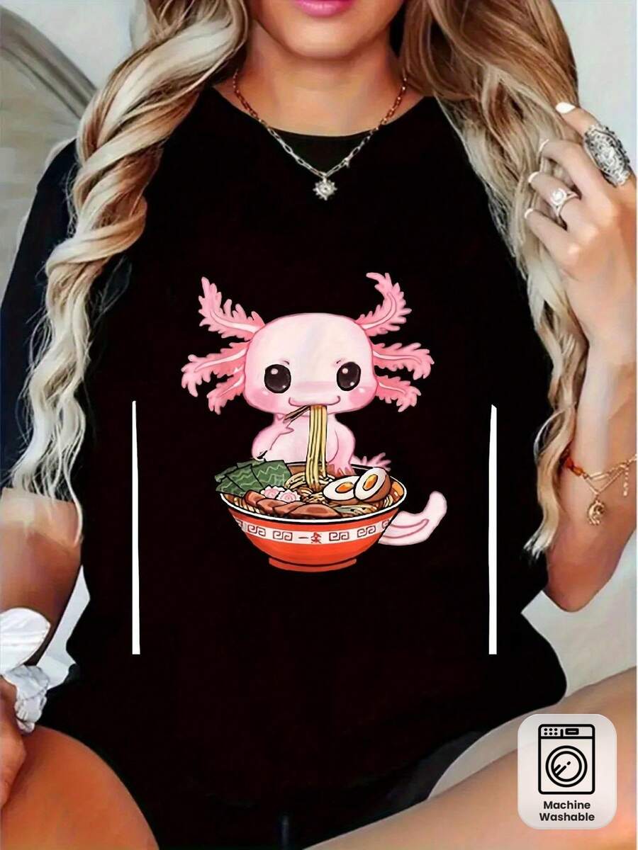 Camiseta de Anime con Diseño de Axolotl para Mujer y Unisex - Camiseta de Manga Corta con Cuello Redondo y Estampado RAWomen Noodle, Lavable aáquina, Corte Regular, Color Negro, Adecuada para el Gimnasio y Uso Casual Diario. - Negro - Ver 1
