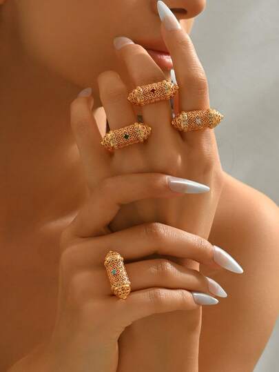 1pc New Chinese Style Hollow Tube Ring, Copper Plated Gold, Intricate Floral Carving, Zirconia Accents, Vintage Palace Style Jewelry For Women, Suitable For Wedding, Party, Daily Wear