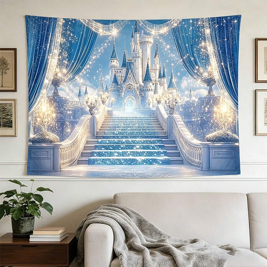 1 Piece Of Dreamy Blue Castle Landscape Tapestry And Background Cloth, Used For Photography Studio Props, Birthday Parties, Outdoor Celebration Decorations, Wedding Decorations, Beaches, Festival Decorations, Multi-Functional Indoor And Outdoor Party Decorations, With Tapestry Clips - Nhiều màu 3 - Xem 1