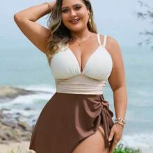 Swim Lushore Plus Size Women's Three-Color Patchwork Criss-Cross Strap Swimdress With Swimshorts 2 Pieces Set - Multicolor - Ver 5