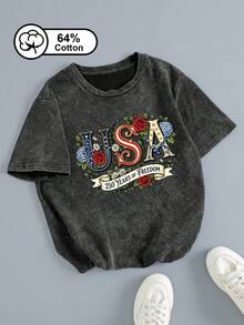 女款大尺碼復古水洗T恤 - "USA 250 Years" 日印花 - 休閒圓領短袖 - 女款夏季上衣黑色 - 黑色 - 查看 1