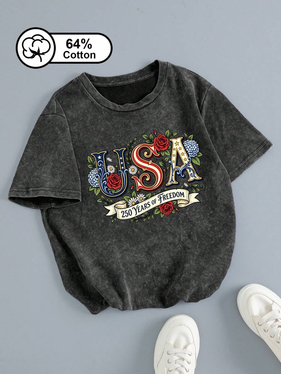 女款大尺碼復古水洗T恤 - "USA 250 Years" 日印花 - 休閒圓領短袖 - 女款夏季上衣黑色 - 黑色 - 查看 1
