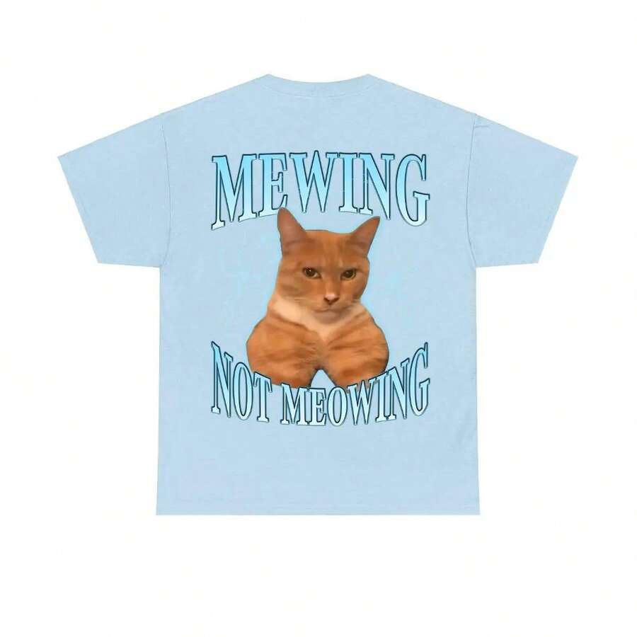 2026 Summer New Funny Cat Meme T-Shirt - Mewing LooksMax Meowing Cat Graphic Tee, Unisex Cotton Outfit For Men & Women, Daily Retro Street T-Shirt - Light Blue - 查看 1