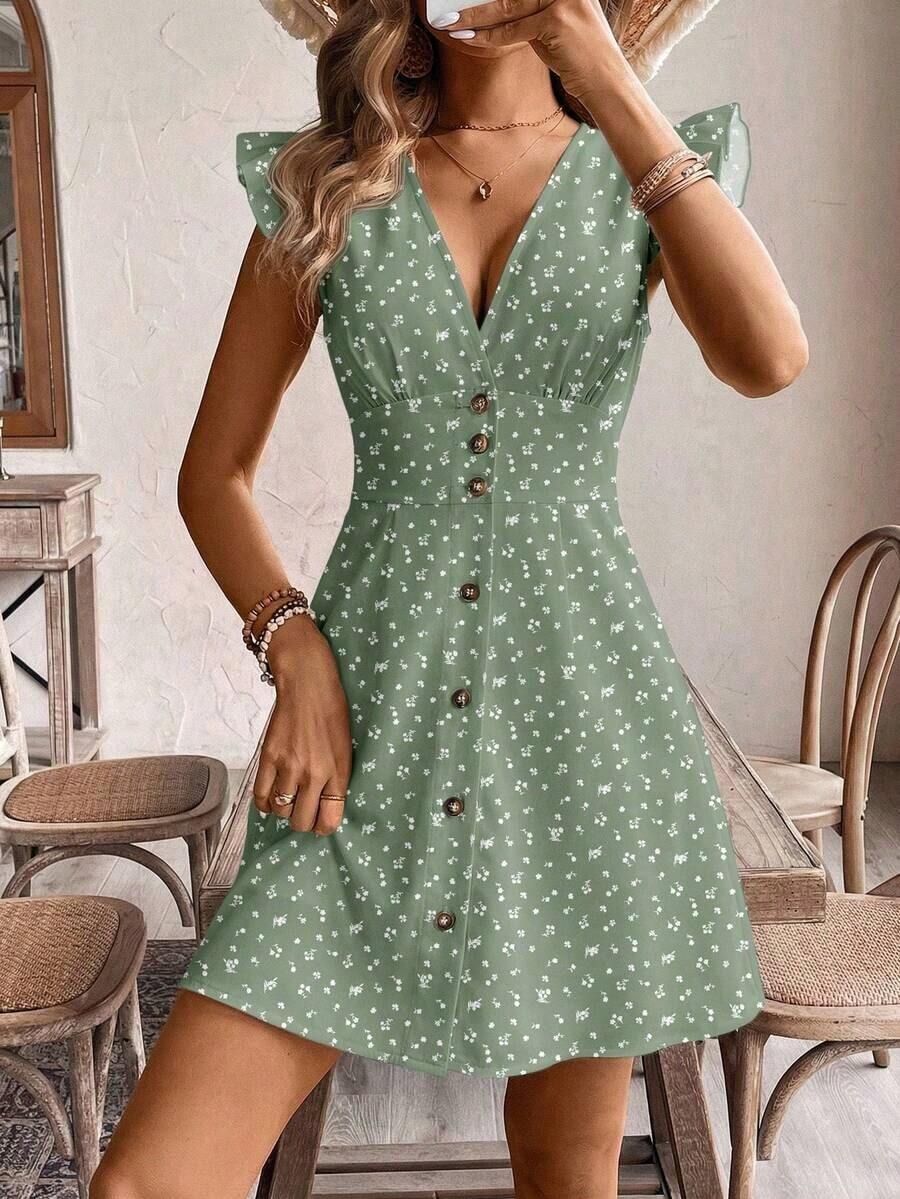 Frenchy Vestido casual de mujer con cuello en V, manga corta, corte evasé y botones con estampado floral diminuto, conjunto de vacaciones para mujer - Multicolor 2 - Ver 1