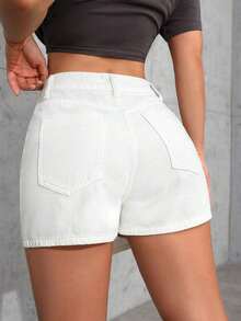 Envoltorio de falda pantalón denim con dobladillo asimétrico de unicolor - Beis - Ver 3