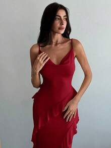 Vestido ceñido con tirantes finos, cuello drapeado y volantes para una cita romántica, para mujer.Vestidos de primavera/verano, regalo del Día de San Valentín, cita nocturna de San Valentín, "Sé mi Valentín", propuesta - Rojo - Ver 6