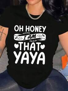 1 pieza Camiseta con estampado "Oh Dear I Am Yaya" para mujer, de algodón, manga corta, cuello redondo, para actividades al aire libre y uso casual, 180g, 100% algodón suave. - Negro - Ver 5