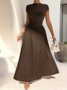 Vestido de línea A de manga corta, de cuello, ajustado, con bajo asimétrico, de uso diario, de estilo minimalista y elegante - Café integral - Ver 10