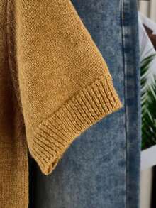 Cárdigan de botones gris para mujer - Cárdigan casual y de moda de manga corta, elástico, silueta en forma de H, adecuado para primavera y verano, diseño con detalle de punto acanalado, cierre de botones, tela transpirable, estilo cárdigan, artículo esencial de primavera/verano - Mostaza Amarilla - Ver 3
