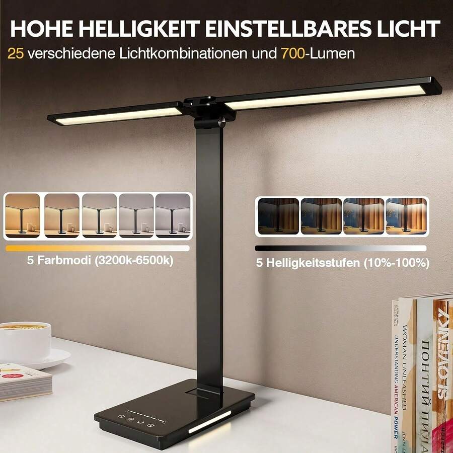 Double Head LED Desk Lamp USB Charging, 5 Adjustable Light Modes & Custom Brightness, Warm Night Light, Portable Bedside Lamp For Reading Craft Work Study Office - Square Bottom Double Head - View 1