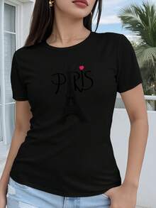 Camiseta para mujer con estampado de la Torre Eiffel y PRIS de temática francesa - Top de manga corta y cuello redondo compatible con blusa, adecuado para ropa casual de verano, atuendos parisinos lavables a máquina - Negro - Ver 6