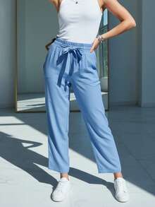 WOMEN CASUAL LOOSE FİT PANTS ELASTİC WAİST - Blue - View 2