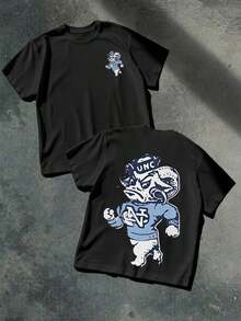 Camiseta Casual UNC Tar Heels con Doble Estampado, 100% Algodón, Diseño de Mascota Azul y Blanco, Camiseta de Manga Corta - Negro - Ver 1