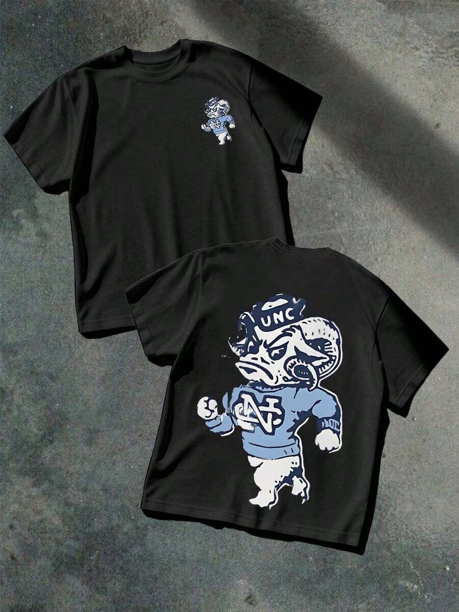 Camiseta Casual UNC Tar Heels con Doble Estampado, 100% Algodón, Diseño de Mascota Azul y Blanco, Camiseta de Manga Corta - Negro - Ver 1