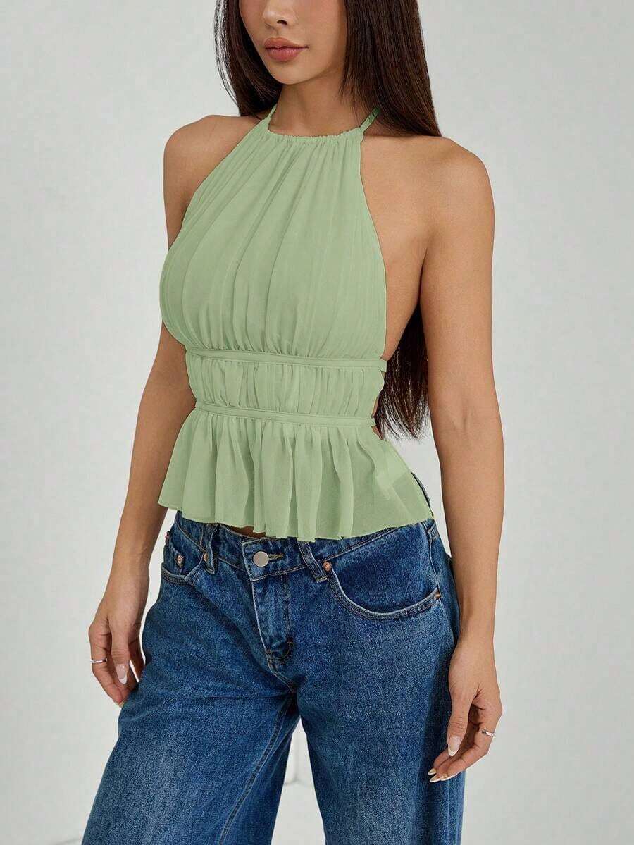 Top de tirantes sin espalda con cuello de halter y cintura anudada plisada para mujer - Verde - Ver 1