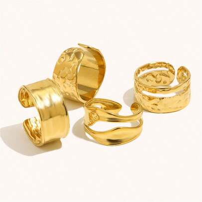 VKHK 1pc Vintage 18K Gold Plated Stainless Steel Hammered Wide Band Multi-Layer Ring, Suitable For Women's Daily Wear And Gift