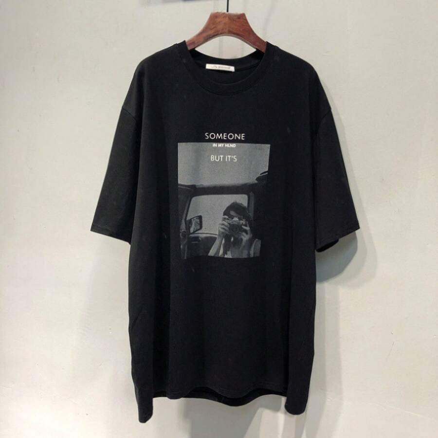 Primavera/Verano 2025, Nueva Camiseta de Manga Corta Holgada de Longitud Media con Estampado de Personajes de Estilo Coreano Ulzzang para Mujer - Negro - Ver 1