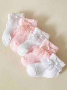5双女婴蝴蝶结装饰舒适透气蕾丝边短袜，适合日常/旅行 - 彩色 - 查看 2