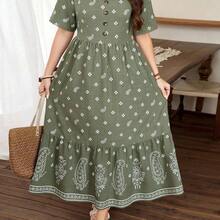 Lacomfia Vestido elegante de línea A con cuello en V, manga corta y ajuste de cintura, con estampado floral para mujer de talla grande - Verde - Ver 6
