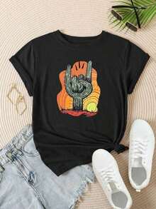 Women's Cartoon Cactus Finger Sun T-Shirt, Casual Loose Fit Women's Sunset Cactus Print Tee - 黑色 - 查看 5