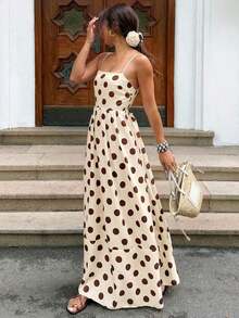 Vestido largo de verano con estampado de lunares vintage elegante, con espalda fruncida y recortes - Amarillo claro - Ver 7