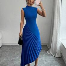 Elenzya Women's Elegant Fashionable Commute Casual Vacation Charming Party Sleeveless Asymmetric Collar Cinched Waist Fitted Uneven Hem Patchwork Solid Color Dress - azul real - Ver 2