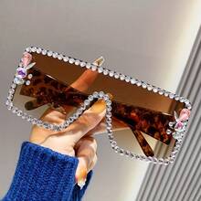 Women's Rhinestone Decorated Large Frame Fashion Glasses - Shiny Party And Daily Accessory, With Decorative Lenses, No Eye Protection,  Personality Glasses, Durable Frame - 黑灰 - 查看 9