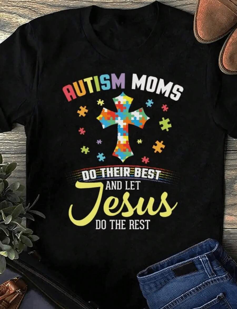 1 T-Shirt For Moms Of Autistic People, Never Walk Alone, Supporting Autism Awareness, 180g 100% Cotton - 黑色 5 - 查看 1