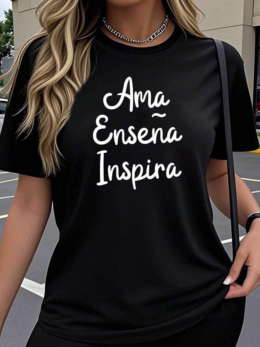 Tamaño Grande - T-Shirt de Mujer con Estampado de Letras Ama Enseña Inspira, de Manga Corta y Cuello Redondo, I para eerano y lrimavera, Ropa Femenina