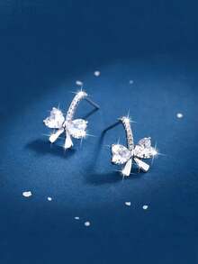 1 Pair S925 Sterling Silver Elegant Bowknot Earrings, Inlaid With Shiny Synthetic Cubic Zirconia, Luxurious Refined Versatile Earrings, Suitable For Girl's Daily Wear, Party Decoration Matching, Perfect Gift - Bow - View 1