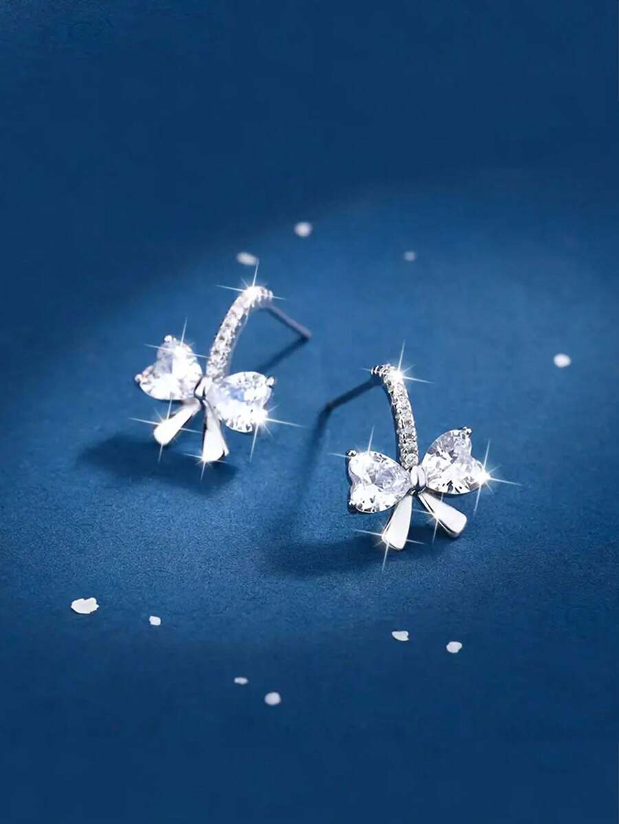 1 Pair S925 Sterling Silver Elegant Bowknot Earrings, Inlaid With Shiny Synthetic Cubic Zirconia, Luxurious Refined Versatile Earrings, Suitable For Girl's Daily Wear, Party Decoration Matching, Perfect Gift - Bow - View 1