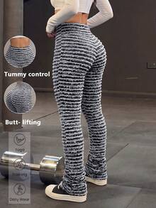 Summer Vacation Outfits Women Black & Beige Striped Fuzzy Textured High Waist Flare Pants, Casual Going Out Bell Bottom Trousers For Beach, 4th Of July Streetwear - 黑色 - 查看 5