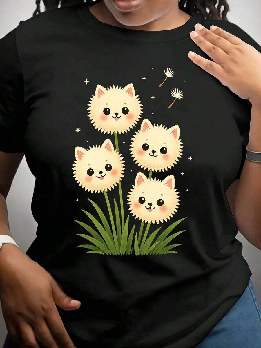 Camiseta de manga corta para mujer con estampado de gato y diente de león - Suave, elástica, de cuello redondo, informal, versátil y transpirable para primavera, verano y otoño, lavable a máquina y duradera, cómoda para el uso diario, de tela elástica, talla para adulto. - Negro - Ver 1