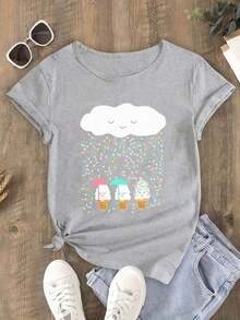 Camiseta Deportiva Casual de Talla para Mujeres, Tela Transpirable, Cuello Redondo, Manga Corta, Versión Suelta, Estampado de Helado de Dibujos Animados - Blanco - Ver 6