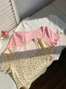 3 piezas de camisetas cortas básicas de cuello redondo y cortas para mujer en marrón café y blanco, ropa de otoño - Multicolor - Ver 4
