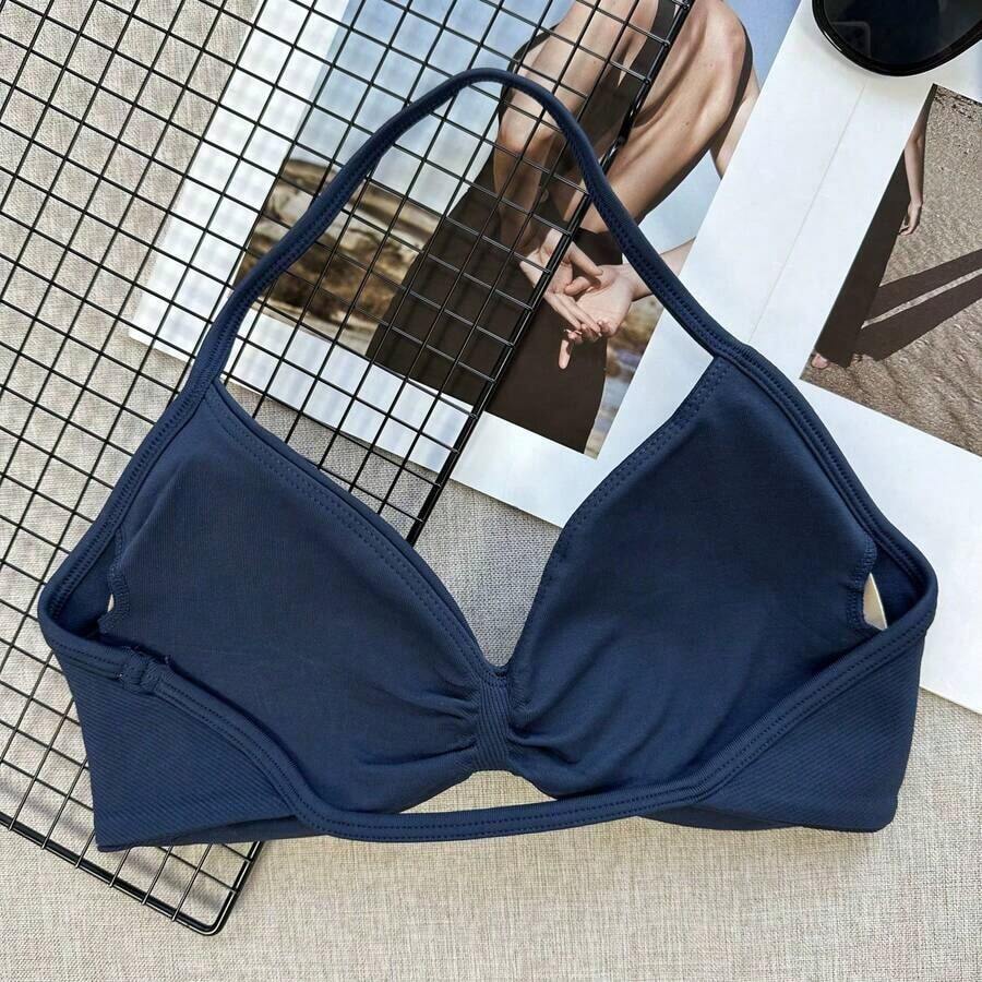 Sujetador tipo camiseta popular, sujetador deportivo sin espalda con tirantes finos para mujer, con soporte ligero, top corto para gimnasio, sujetador de yoga sin costuras con almohadilla plisada, primavera - Azul marino - Ver 1