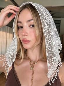 1pc Women's Fashion Floral Lace Trim Triangular Scarf/Headscarf - White - View 4