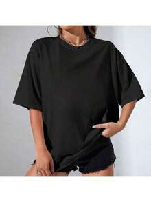 1 pieza. Diseñada con un lindo patrón de corazón de vaca de las Highlands, esta camiseta casual de algodón puro con cuello redondo para mujer es lavable a máquina, presenta un diseño moderno y es adecuada para vacaciones y días de descanso. Es un artículo imprescindible para regalos navideños y es adecuado para todas las estaciones. 180g 100% algodón. - Negro - Ver 2