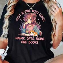 1 pieza de camiseta deportiva casual sencilla de manga corta para mujer, con estampado de personaje de película animada, cómoda para el verano y las vacaciones, 180g 100% algodón. - Blanco - Ver 11