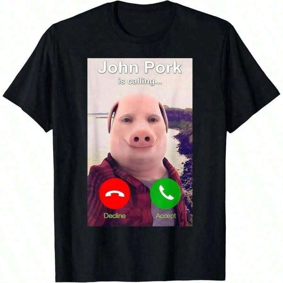 1 pieza Camiseta "John Pork Is Calling" Divertida para Hombres y Mujeres - Camiseta Casual de Verano para Hombres, Camiseta Gráfica de Algodón, Ropa Masculina, Ropa Urbana Suave, Camiseta de Cuello Redondo, 180g 100% Algodón, los diseños están impresos. Unisexo. - Negro - Ver 1