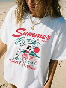 Women's Short-Sleeved T-Shirt With Round Neck And Vacation-Style Graphic Print, Versatile Casual Top Suitable For Everyday Wear And Holidays, White Color. - 白色 - 查看 7